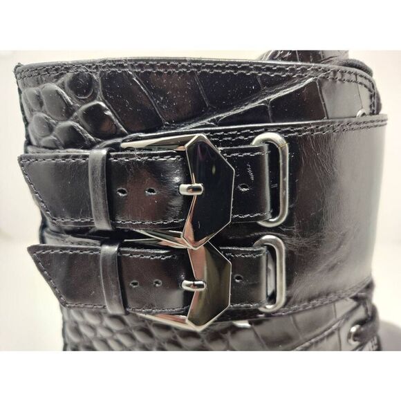 VINCE CAMUTO WOMENS FAWDRY DOUBLE BUCKLE C BLACK GLAZED CROC MOTO BOOTS NIB 5 1/ - Picture 6 of 13